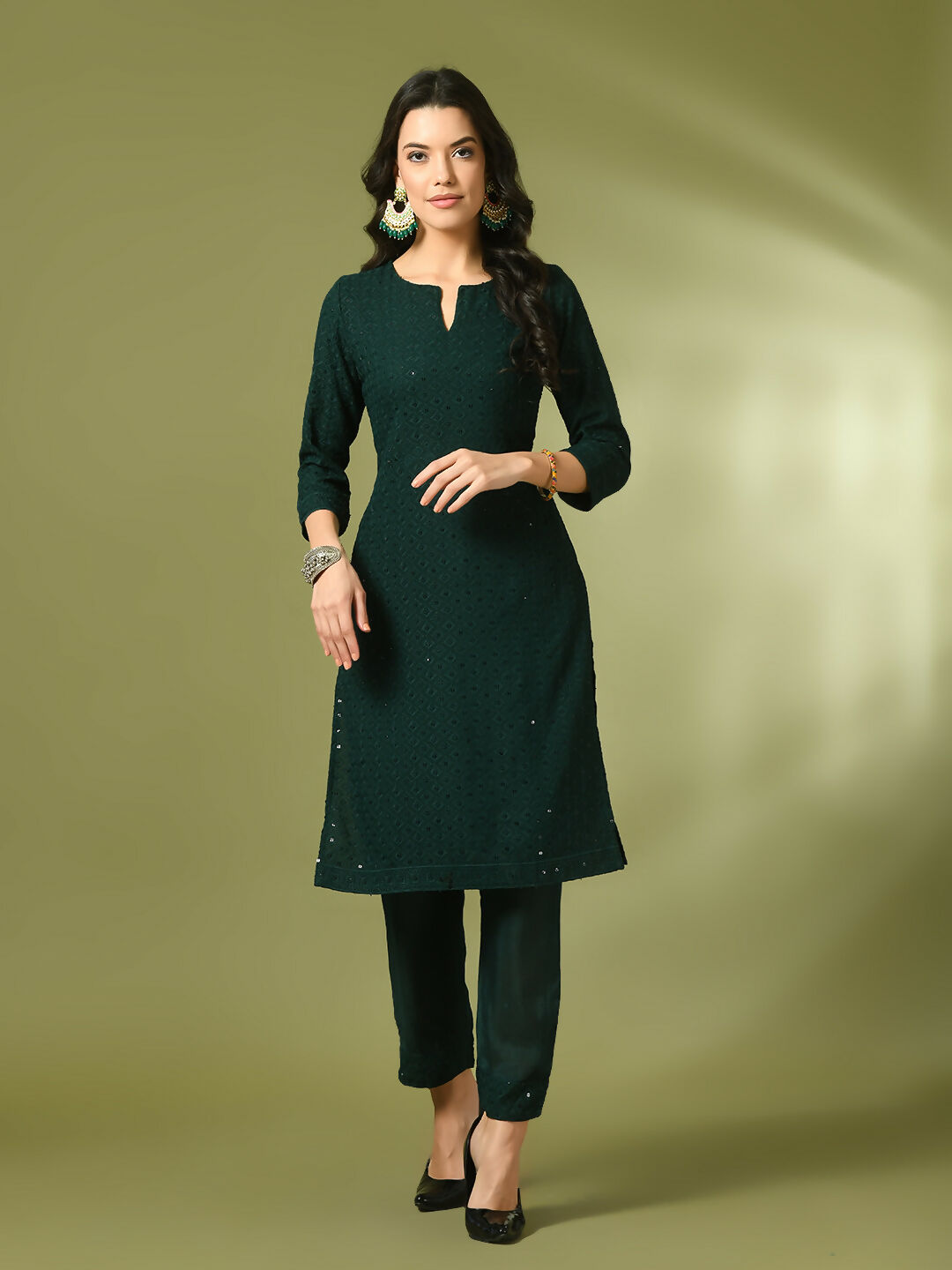 Myshka Women's Green Embroidered Cotton Straight Party Kurta Set | Grocsy