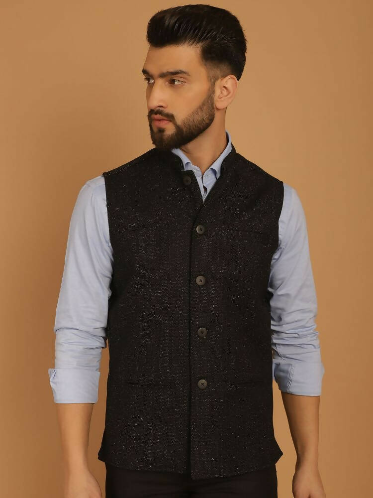 Even Apparels Pure Wool Nehru Jacket - Black | Grocsy