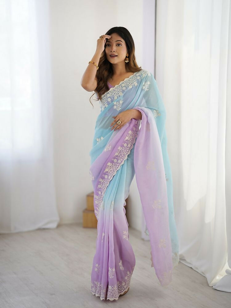 Lavender Crunchy Silk Embroidery Work Party Wear Saree - Lakshita | Grocsy