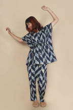 Breathables Women’S Loungewear Kaftan Cotton Blue Geometric Print Co-Ord Set | Grocsy