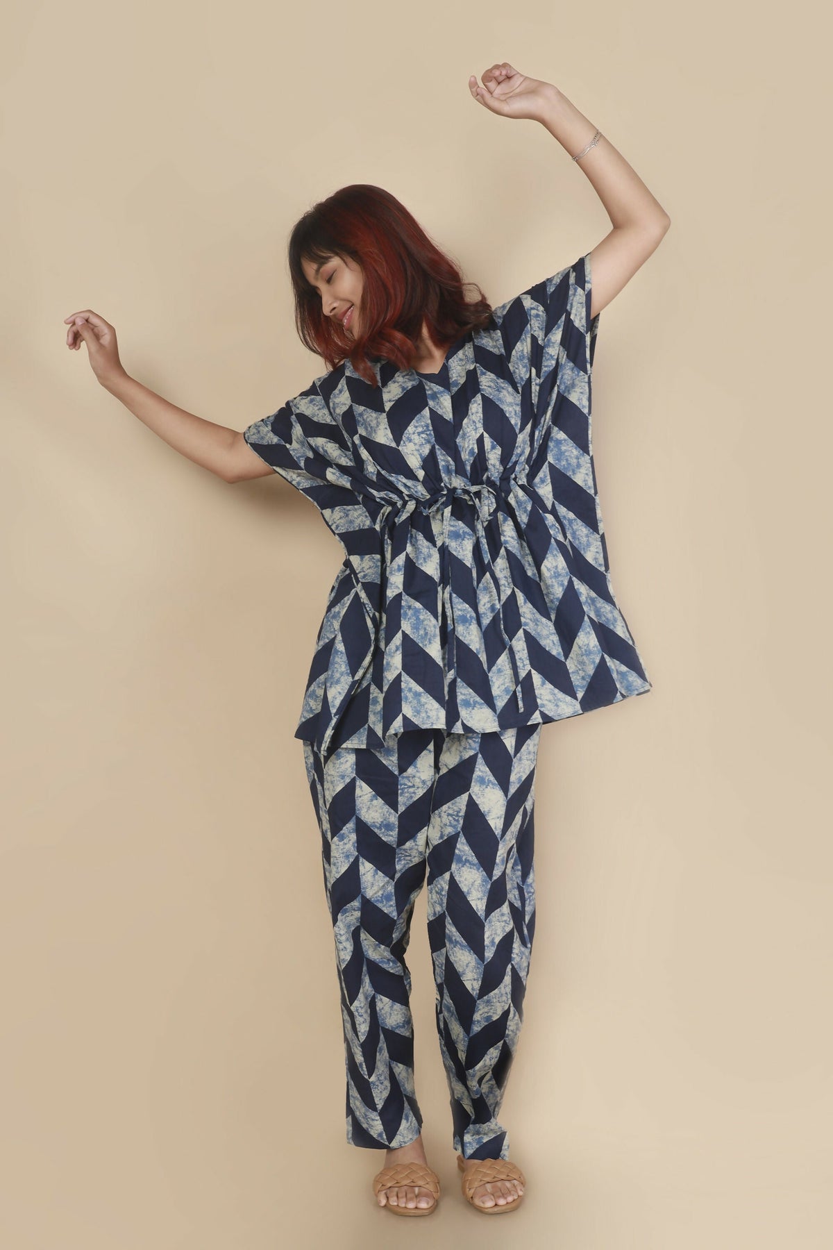 Breathables Women’S Loungewear Kaftan Cotton Blue Geometric Print Co-Ord Set | Grocsy