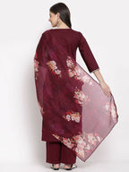 Myshka Women's Burgundy Cotton Solid 3/4 Sleeve Square Neck Casual Kurta Pant Dupatta Set | Grocsy