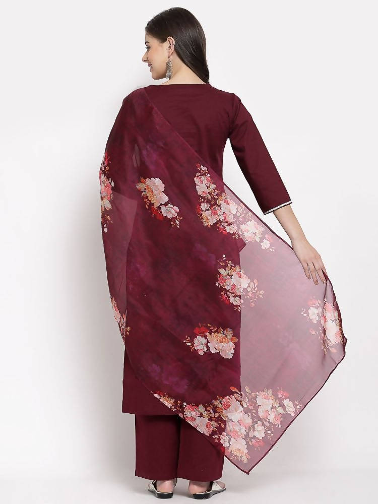 Myshka Women's Burgundy Cotton Solid 3/4 Sleeve Square Neck Casual Kurta Pant Dupatta Set | Grocsy