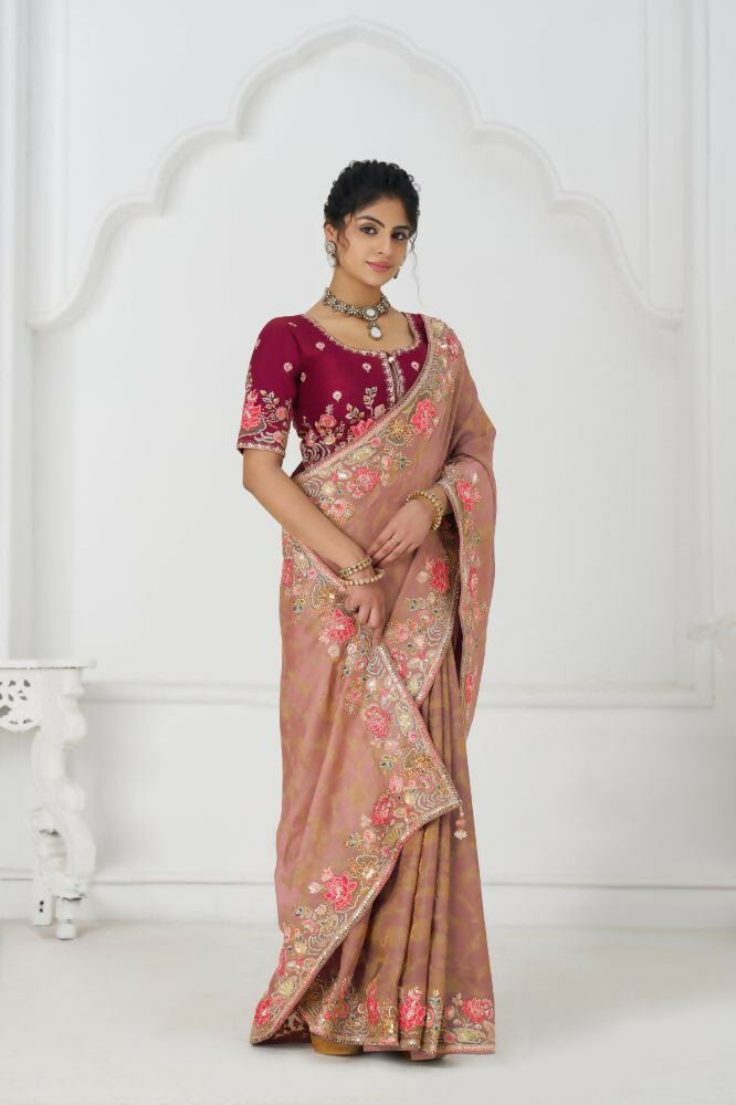Kesar Fab Pretty Peach: Multicolor Embroidery With Blooming Floral Designs Saree | Grocsy