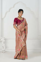 Kesar Fab Pretty Peach: Multicolor Embroidery With Blooming Floral Designs Saree | Grocsy