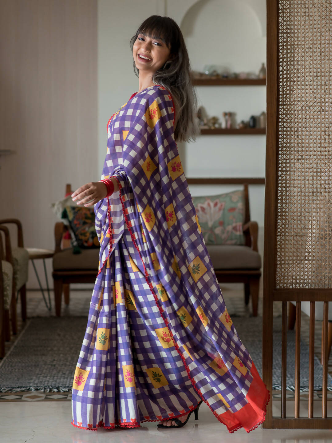 Suta Multi Color Checked Pure Cotton Saree | Grocsy