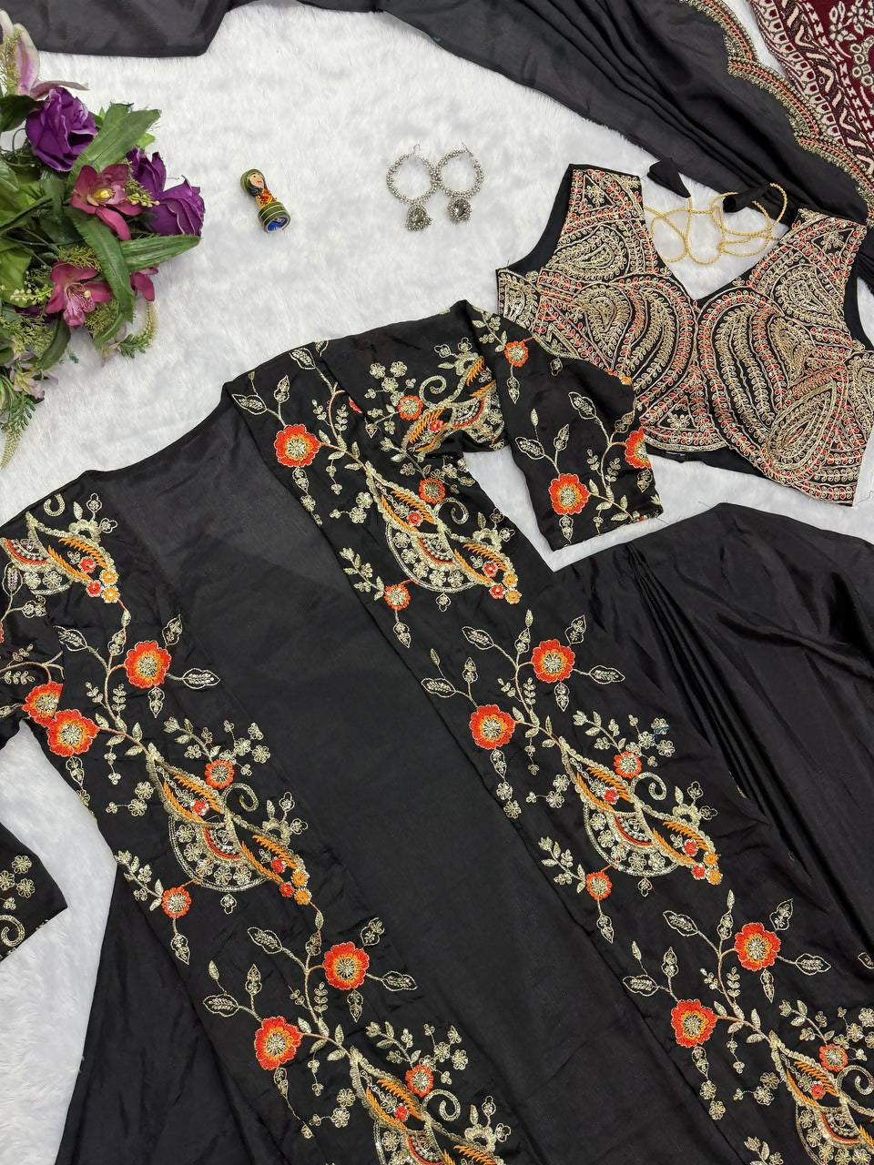 Teeya Creation Black Color Chinon Silk Designer Embroidery Work Ready To Wear Saree With Koti | Grocsy