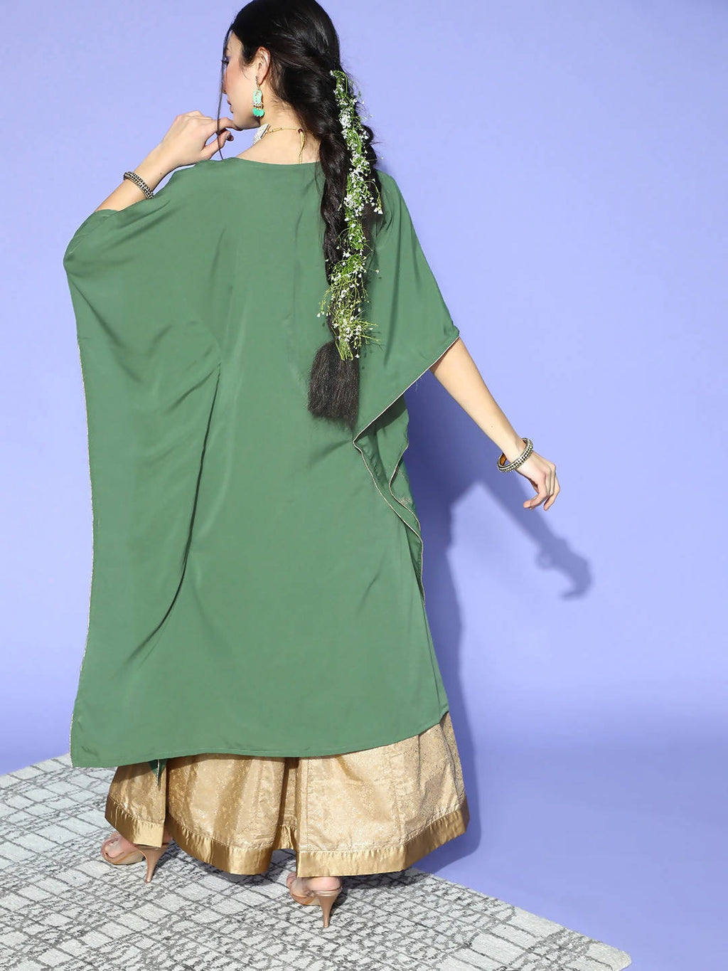 Janasya Women Green Geometric New Age Kaftan Kurta | Grocsy