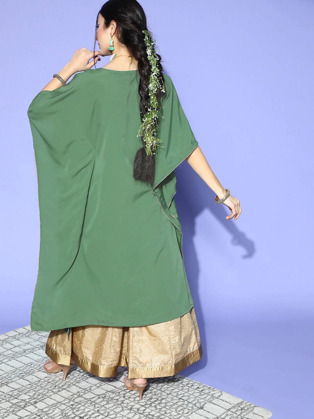 Janasya Women Green Geometric New Age Kaftan Kurta | Grocsy
