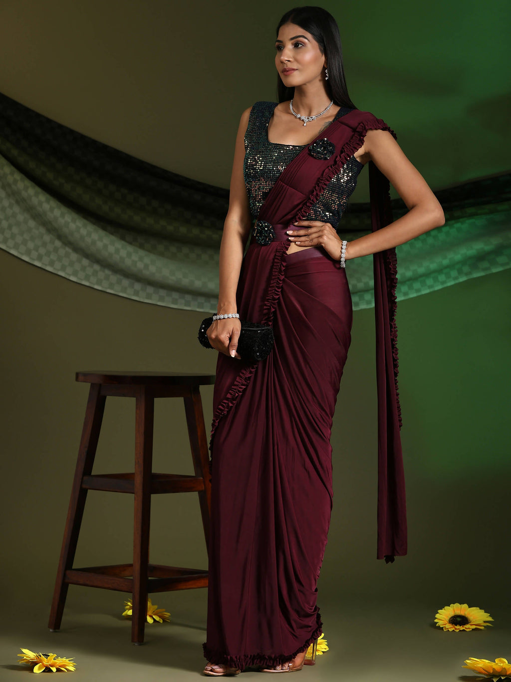 Maroon Imported Fabric Plain Ready to wear Saree with stitched Blouse - Vrinda | Grocsy