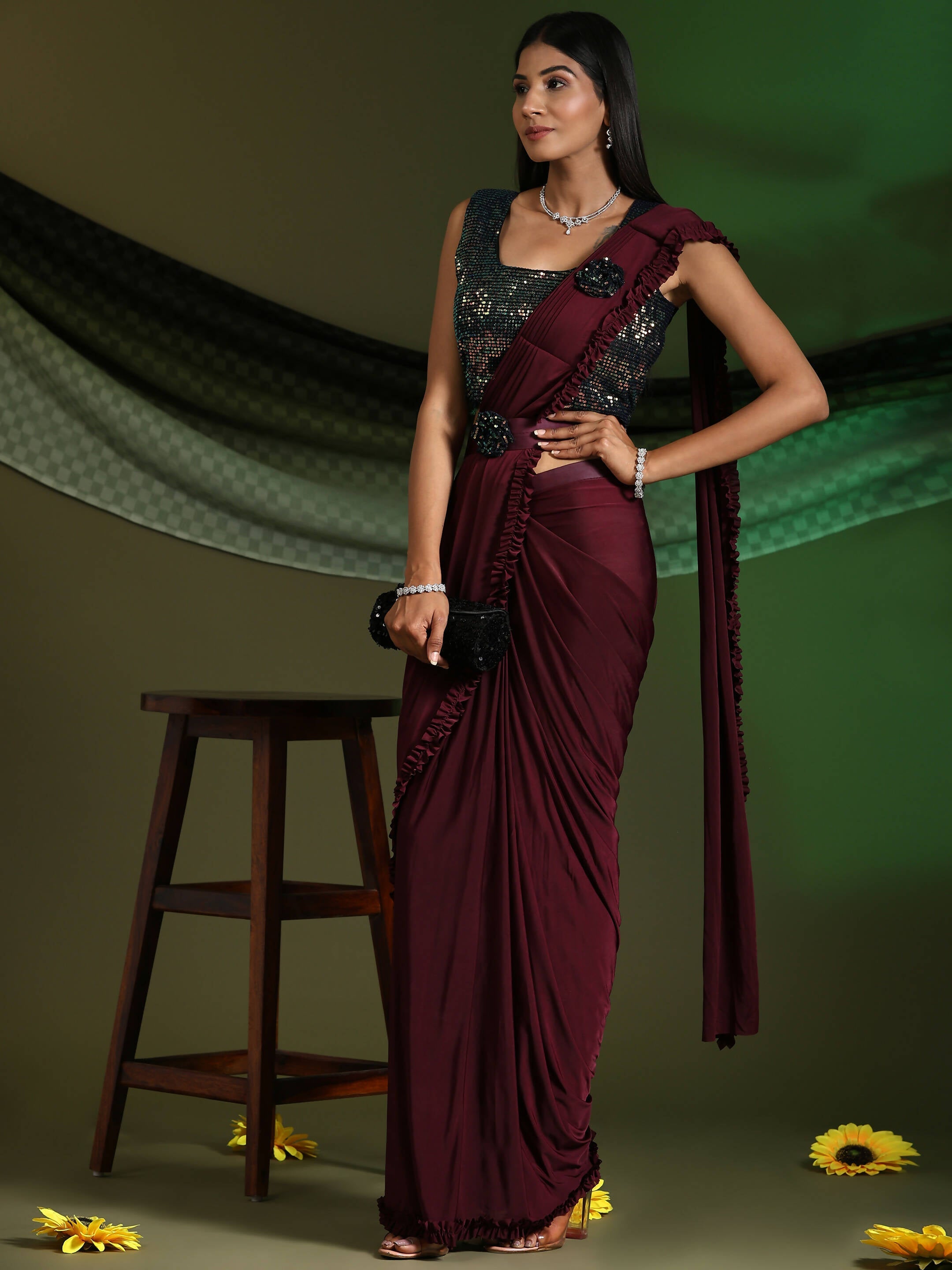 Maroon Imported Fabric Plain Ready to wear Saree with stitched Blouse - Vrinda | Grocsy