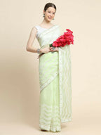 Vamsee Banno Lehriya Pista Green Organza Saree | Grocsy