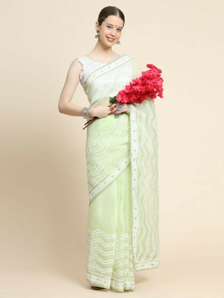 Vamsee Banno Lehriya Pista Green Organza Saree | Grocsy