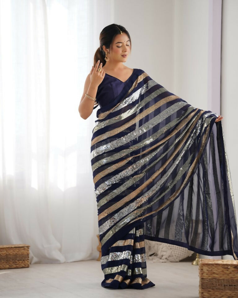 Blue Georgette Sequance Embroidery Work Border Saree - Sitare | Grocsy