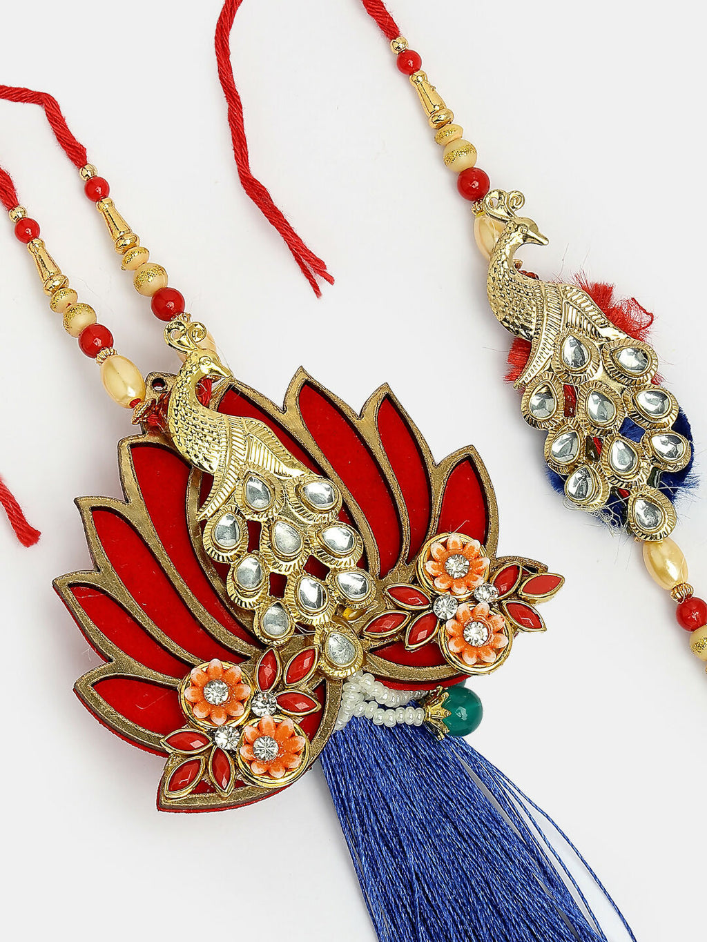 NVR Women & Men Set of 2 Gold-Toned Peacock Design Stone-Studded Bhaiya Bhabhi Rakhi With Roli Chawal & Chocolate | Grocsy