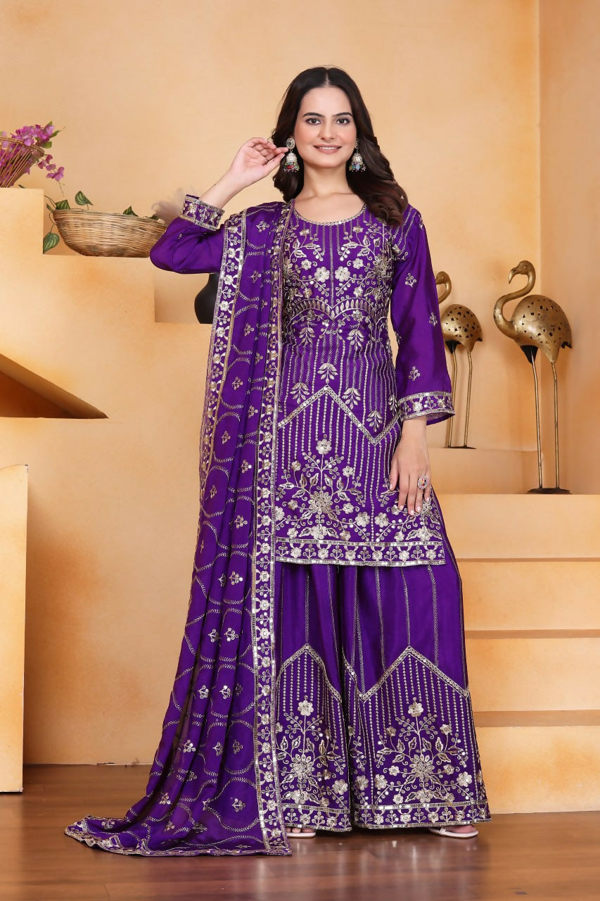 Teeya Creation Purple Color Chinon Silk Embroidery Work Wedding Wear Palazzo Set | Grocsy