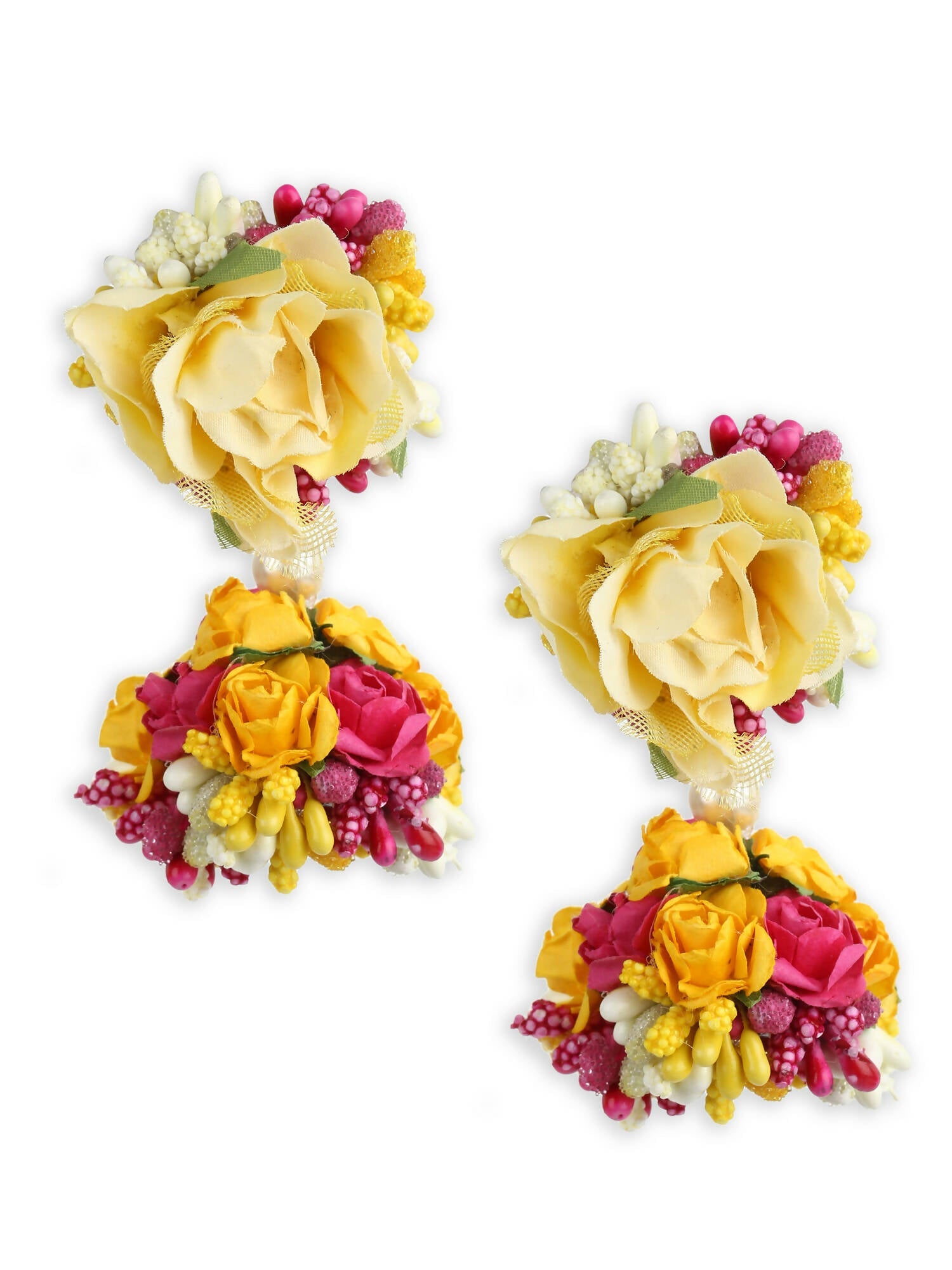 Yellow Pink Beaded Flower Jewellery Set - Ruby Raang | Grocsy