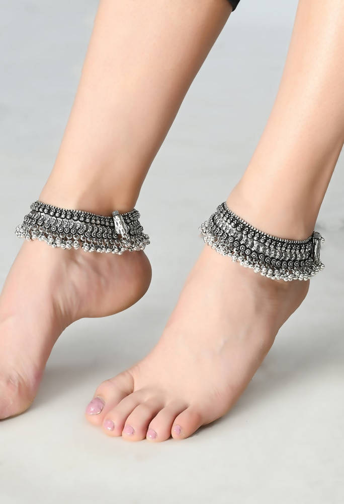 Mominos Fashion Kamal Johar Oxidised Silver Heavy Design Anklets | Grocsy