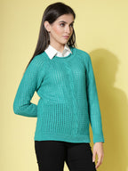 Women Pointelle Green Acrylic Winter Sweater - Wool Trees | Grocsy