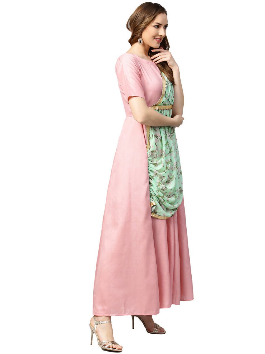 Ahalyaa Pink & Green Solid Maxi Dress with Attached Dupatta | Grocsy