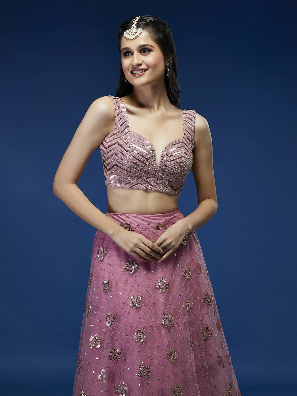 House of Panchhi Pink Net Sequinse Embroidered Lehenga & Blouse with Dupatta | Grocsy