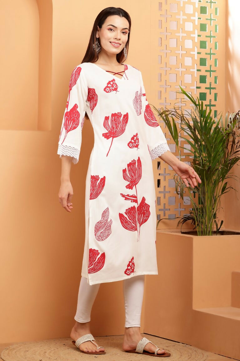 Cheera Women Stylish Hand Block Printed Cotton Blend Flared Kurta - Off White | Grocsy