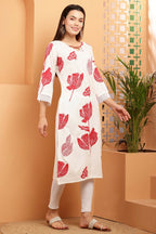 Cheera Women Stylish Hand Block Printed Cotton Blend Flared Kurta - Off White | Grocsy
