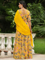 Janasya Yellow Georgette Floral Lehenga Choli Dupatta | Grocsy