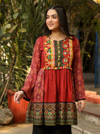 Juniper Rust Ethnic Motif Printed Cotton & Chiffon Peplum Tunic With Thread Embroidery & Tassels | Grocsy
