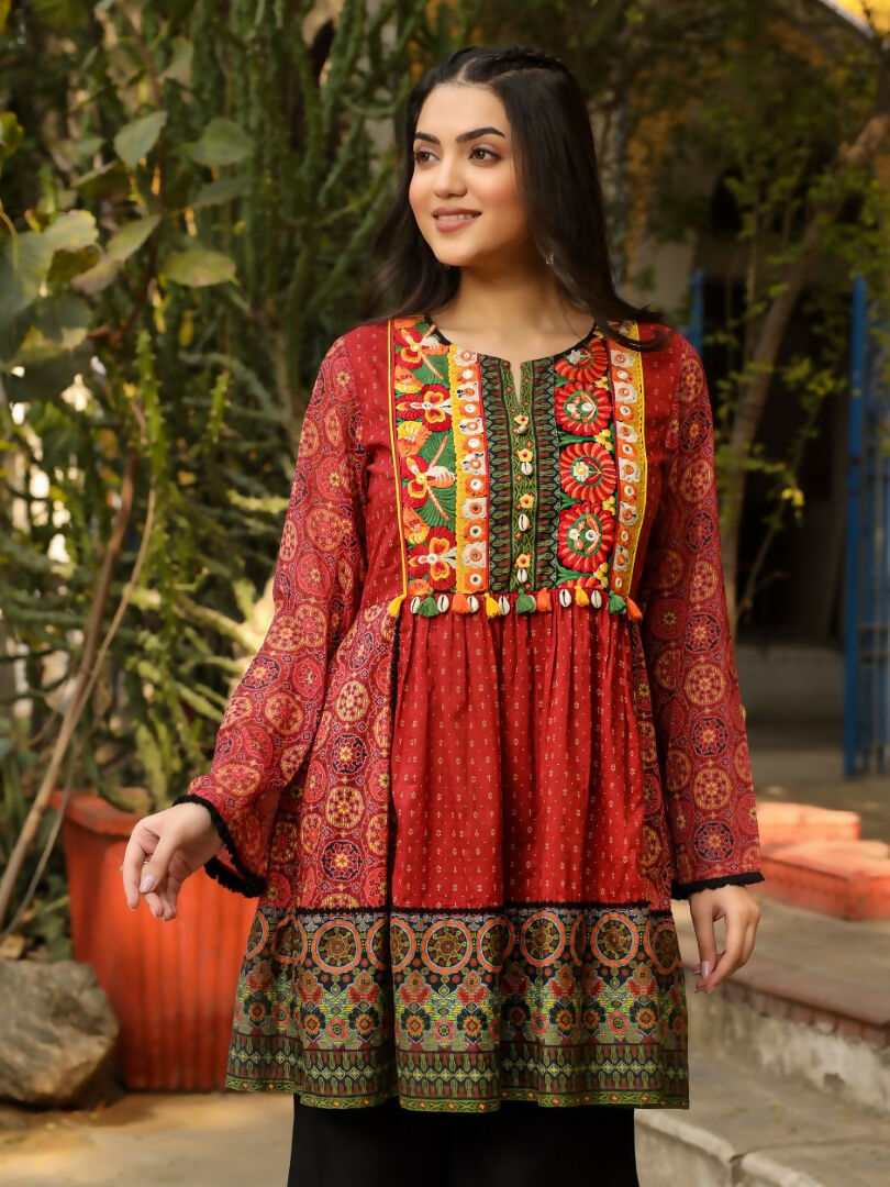 Juniper Rust Ethnic Motif Printed Cotton & Chiffon Peplum Tunic With Thread Embroidery & Tassels | Grocsy