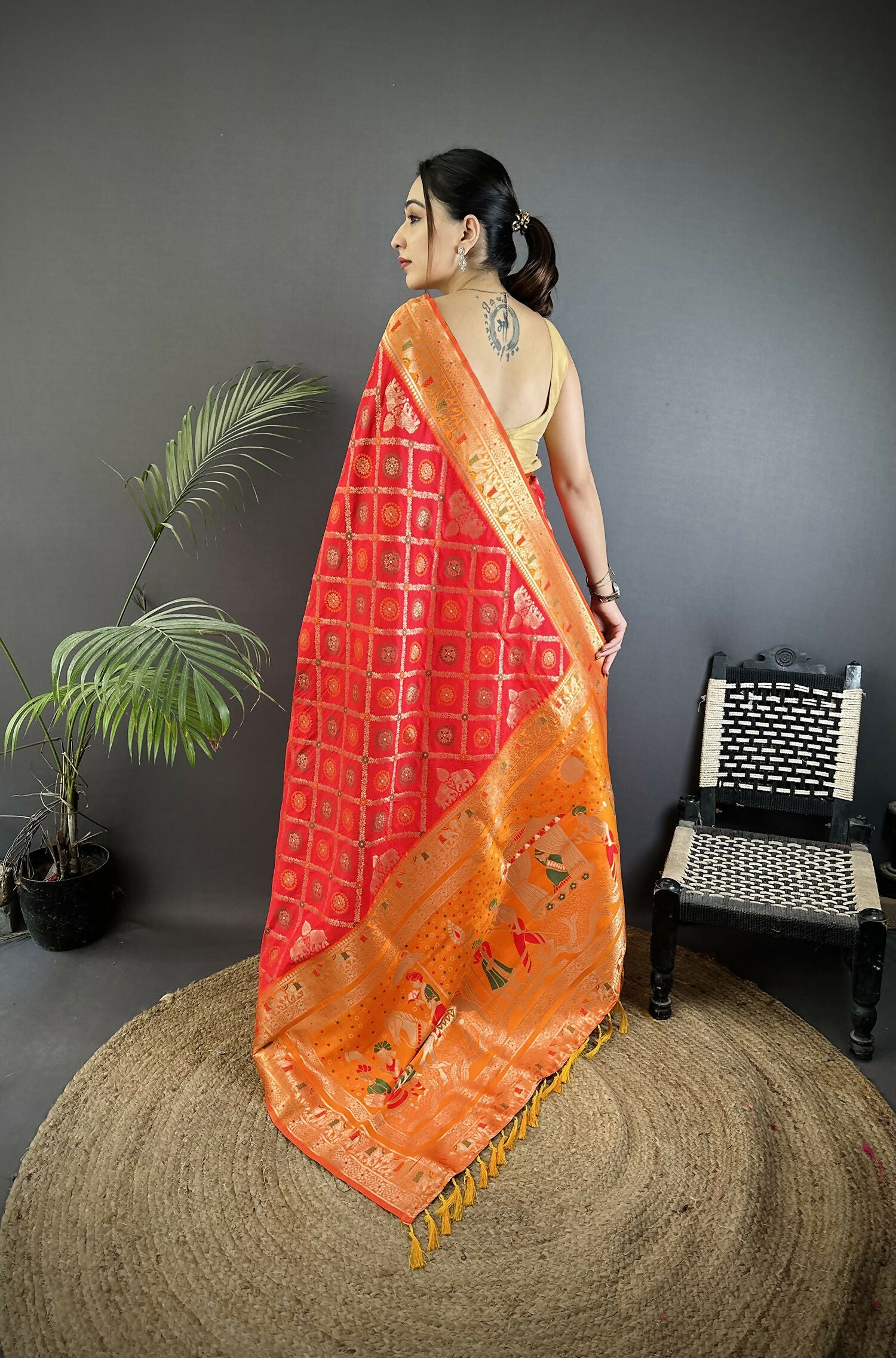 Joban Fashion Red Geometric Pattern Soft Silk Patola Saree | Grocsy