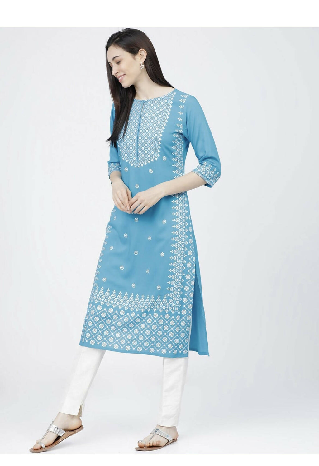 Indian Clothing Cheera Embellished Daily Wear Cotton Blend Kurta - Sky Blue | Grocsy