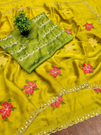 Teeya Creation Yellow Rangoli Silk Embroidery Work Party Wear Designer Saree | Grocsy