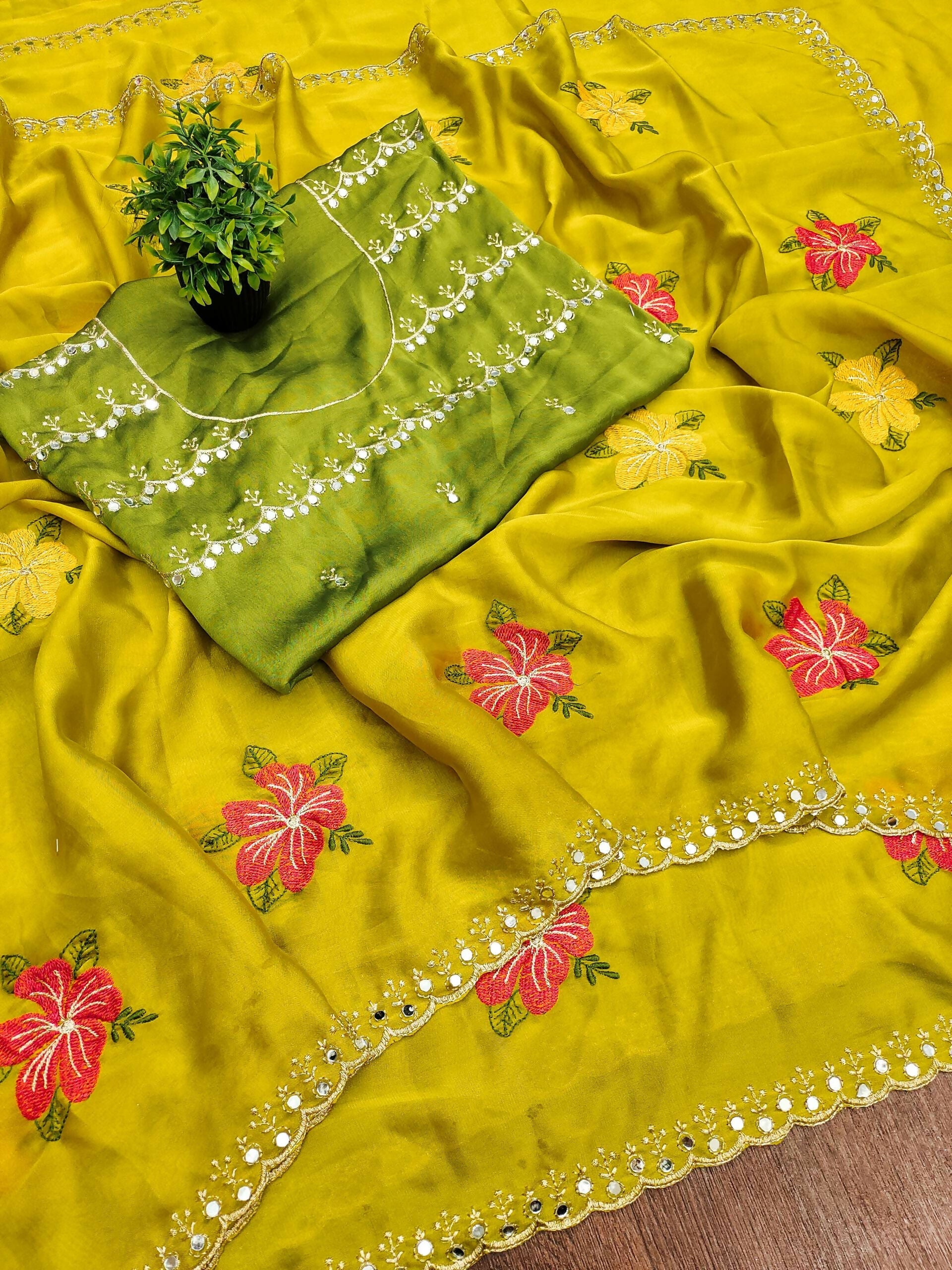 Teeya Creation Yellow Rangoli Silk Embroidery Work Party Wear Designer Saree | Grocsy