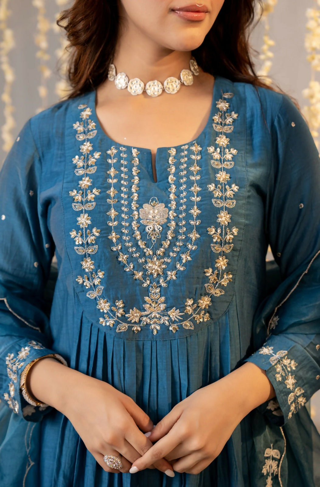 The52 Women's Beautiful Embroidery Work Chanderi Silk Fabric Flared Kurta Pant and Dupatta Set-Rama | Grocsy