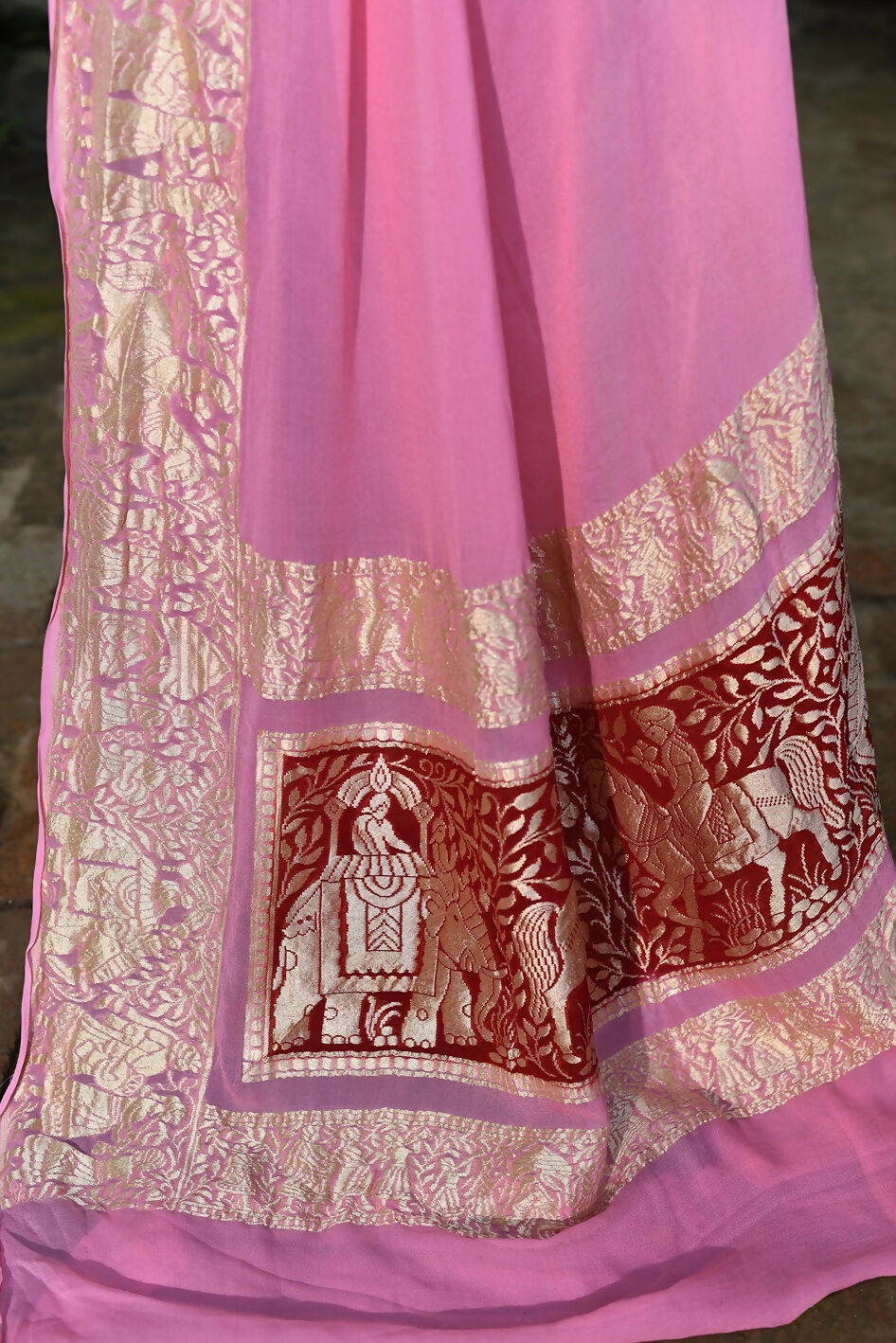 Joban Fashion Baby Pink Crepe Chiffon Pure Handloom Banarasi Silk Saree | Grocsy