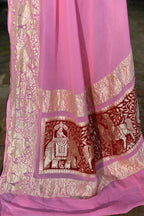 Joban Fashion Baby Pink Crepe Chiffon Pure Handloom Banarasi Silk Saree | Grocsy