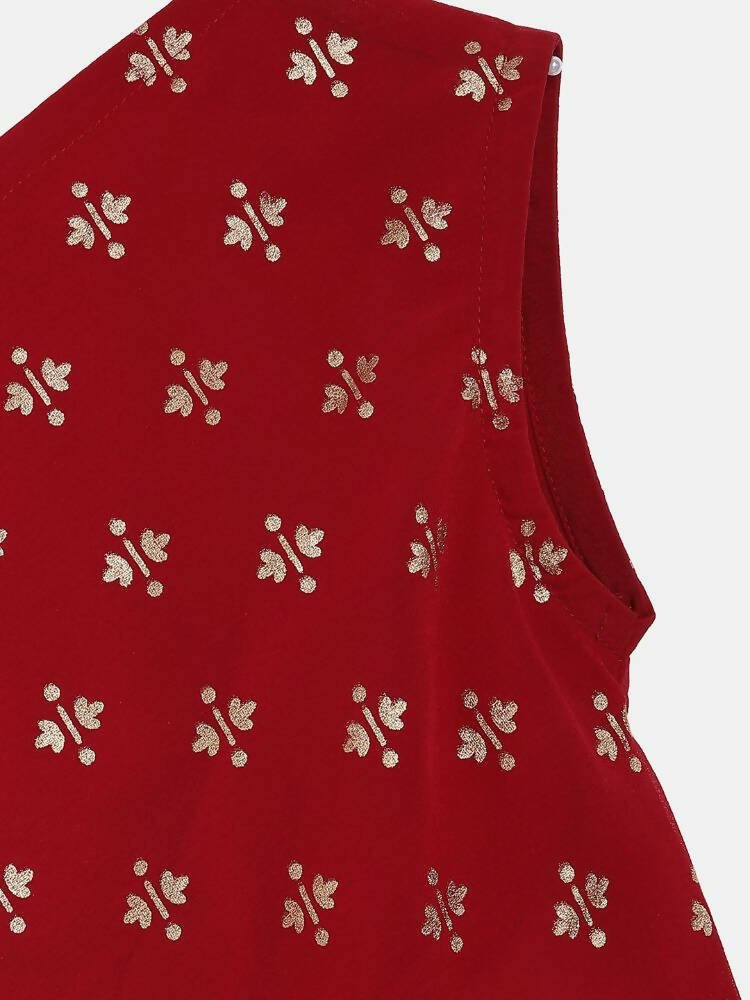 Ahalyaa Maroon Georgette Glitter Print Asymmetric Kids Kurta Palazzo Sets For Girls | Grocsy
