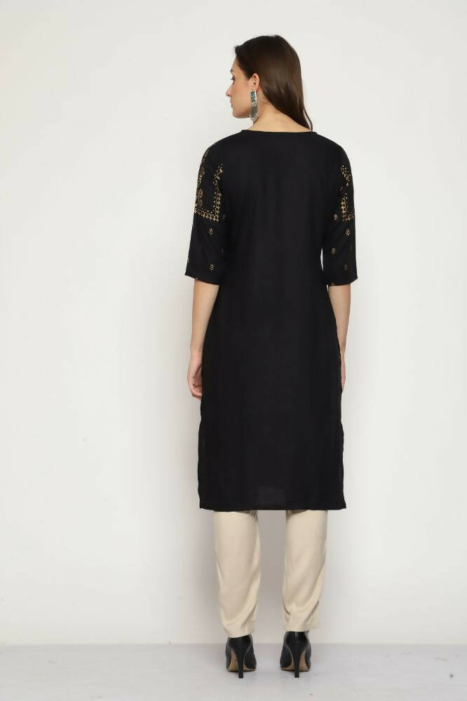 Maai Rayon Hand Printed Kurta Black | Grocsy