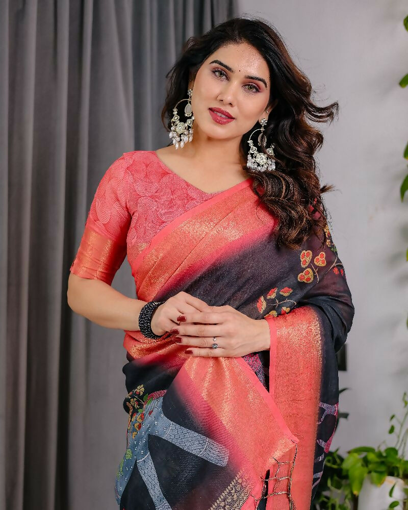 PR Fashion Black Pure Handloom Linen Saree | Grocsy