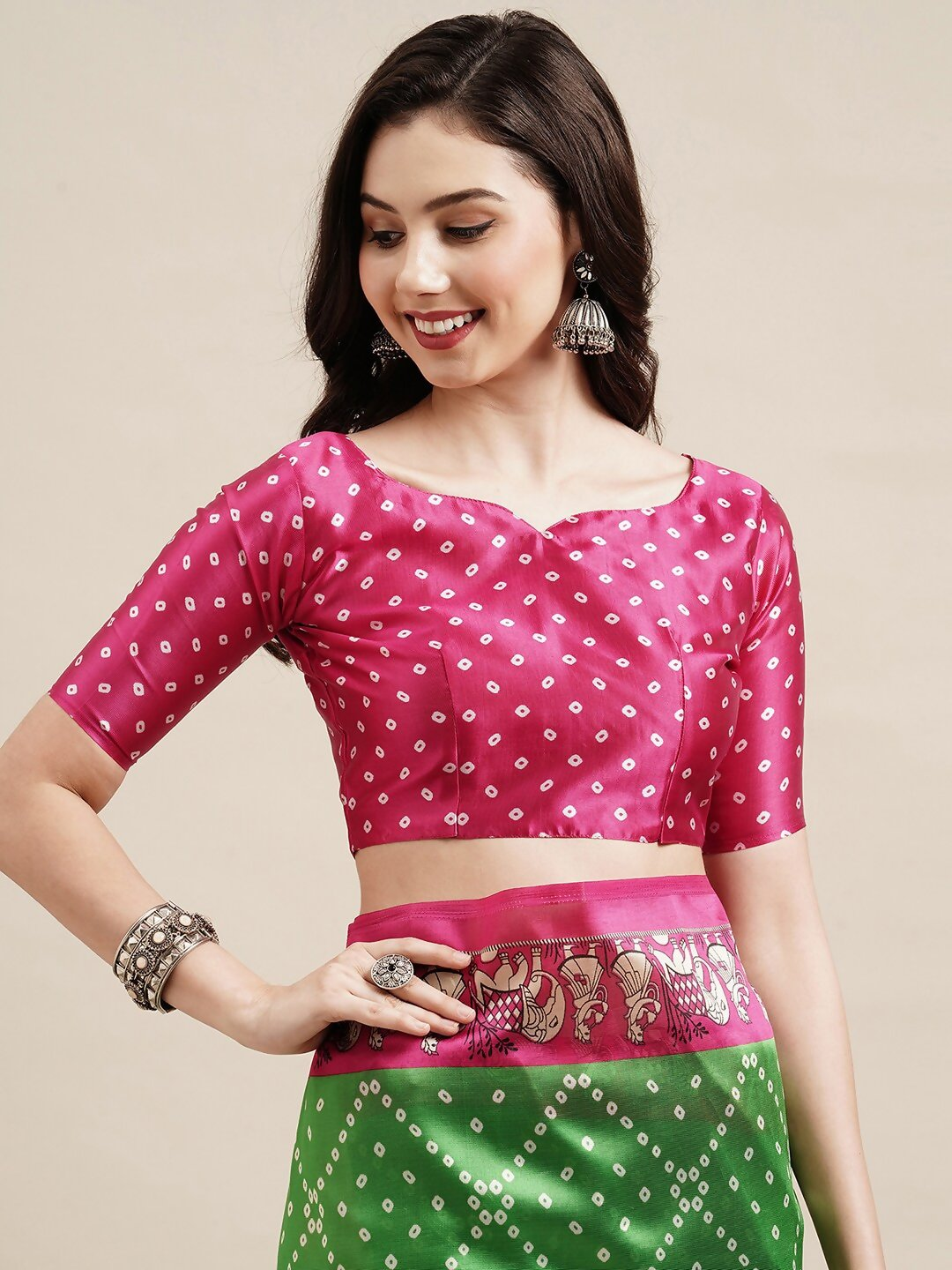 Saree Mall Green & Fuchsia Bandhani Silk Blend Bandhani Sarees | Grocsy