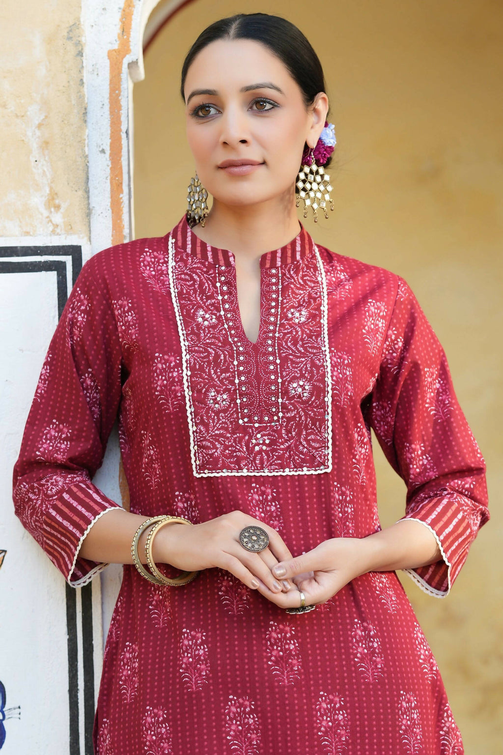 Juniper Women's Marron Cotton Cambric Floral Printed Straight Kurta | Grocsy