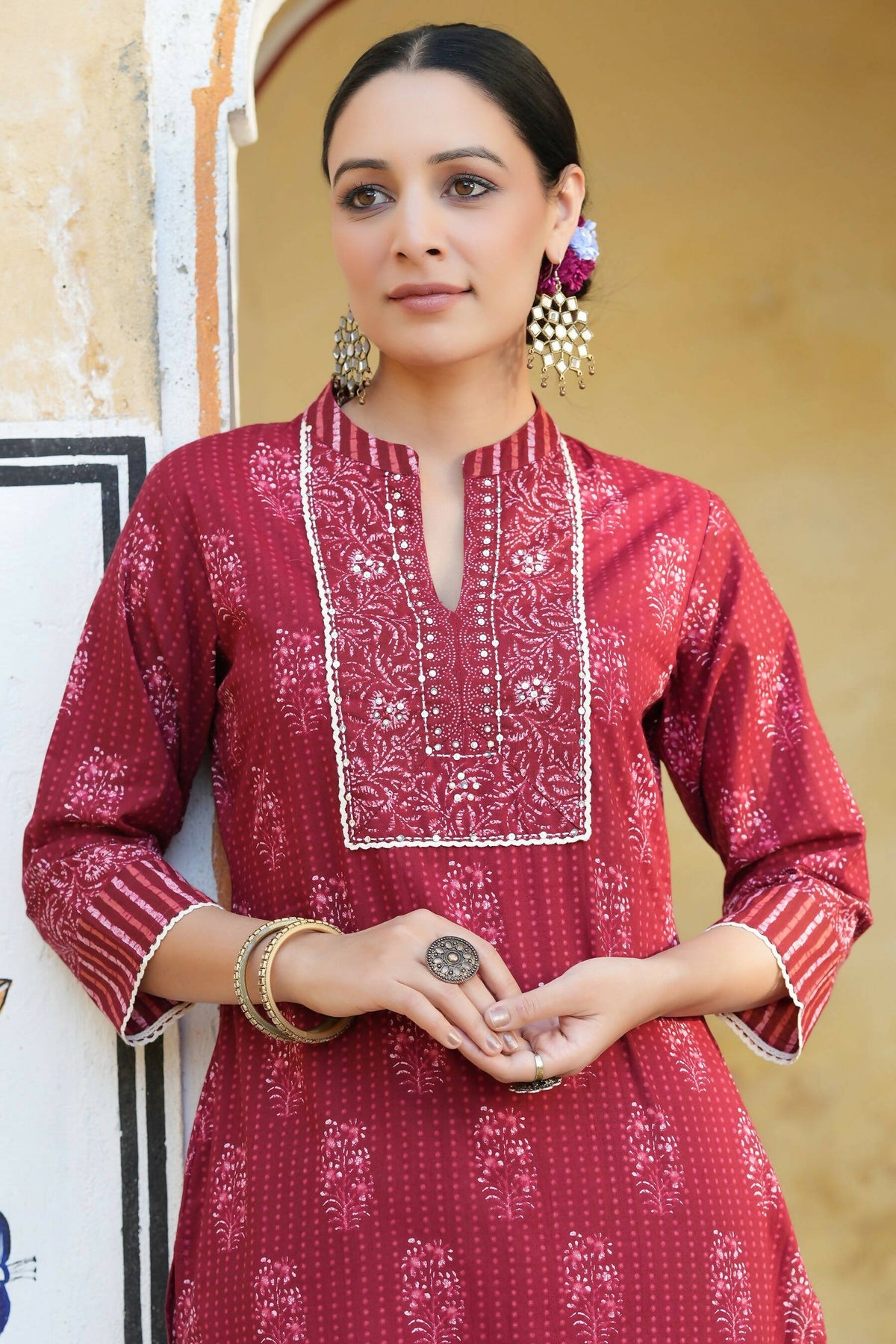 Juniper Women's Marron Cotton Cambric Floral Printed Straight Kurta | Grocsy