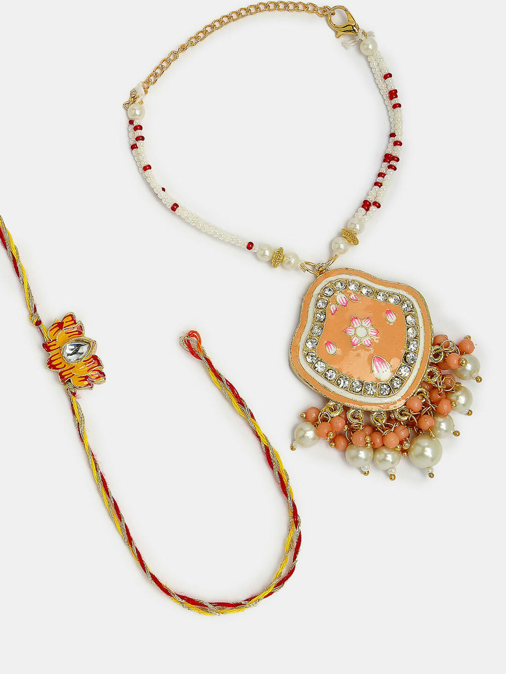 NVR Women & Men Set of 2 Peach Lotus Shape Kundan Stone-Studded & Beaded Bhaiya Bhabhi Rakhi With Roli Chawal & Chocolate | Grocsy
