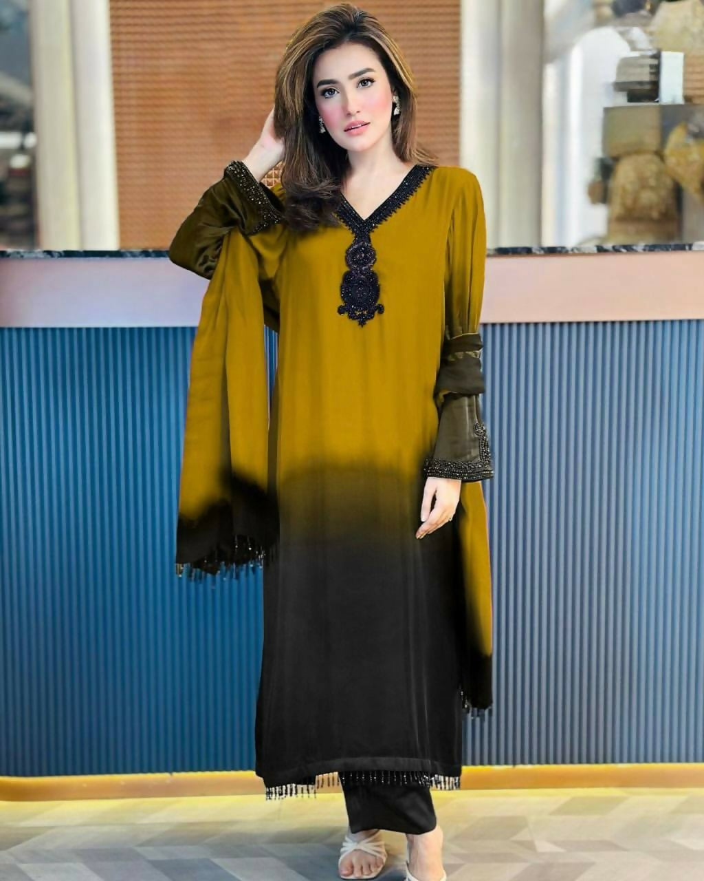 Teeya Creation Women's Trendy Stylish French Crepe Silk Yellow Kurta Set | Grocsy
