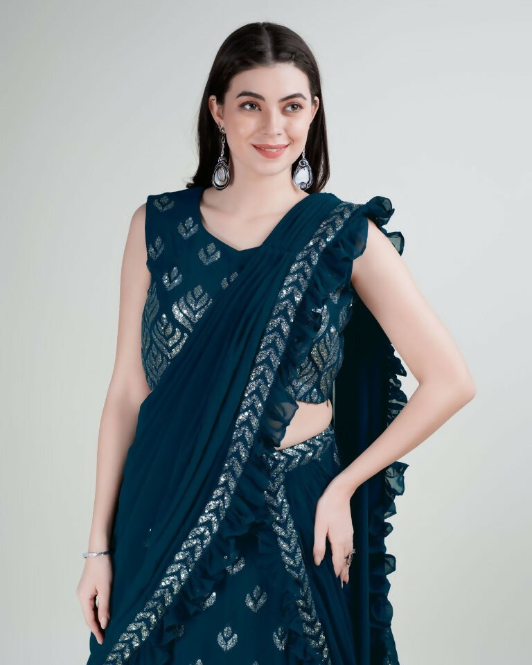 Teal Georgette Sequence Embroidered Lehenga Choli with Dupatta - Tanya | Grocsy