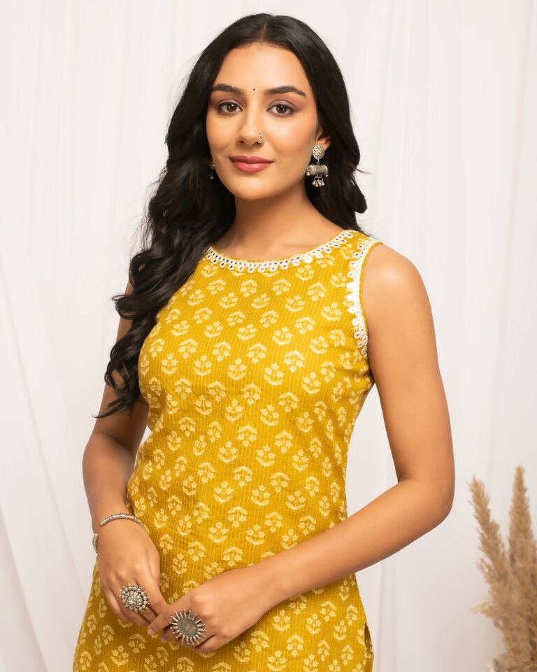 FIORRA Women's Floral Printed Yellow Cotton Straight Kurta | Grocsy
