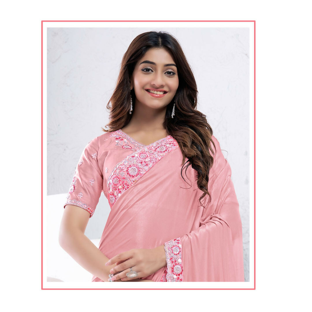 Light Pink Pure Crepe Silk Sequence With Hand Work Saree With Unstitched Blouse - Norita Swaraa | Grocsy