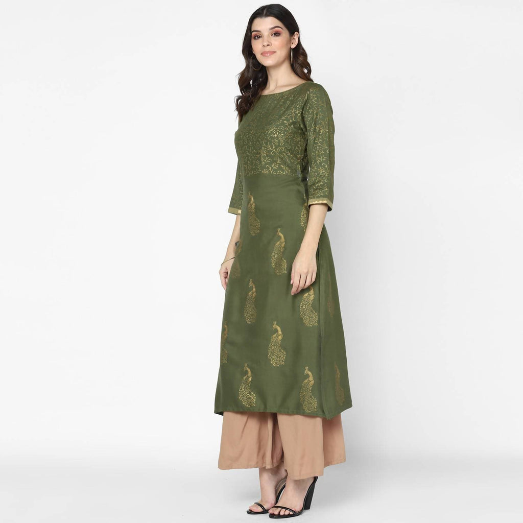 Cheera Hand Block Print Olive Green Straight Kurta (MAAI-057K) | Grocsy