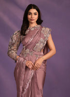 Pyaji Crepe Satin Silk Embroidered Saree With Stitched Blouse - Mohmanthan Exotica | Grocsy